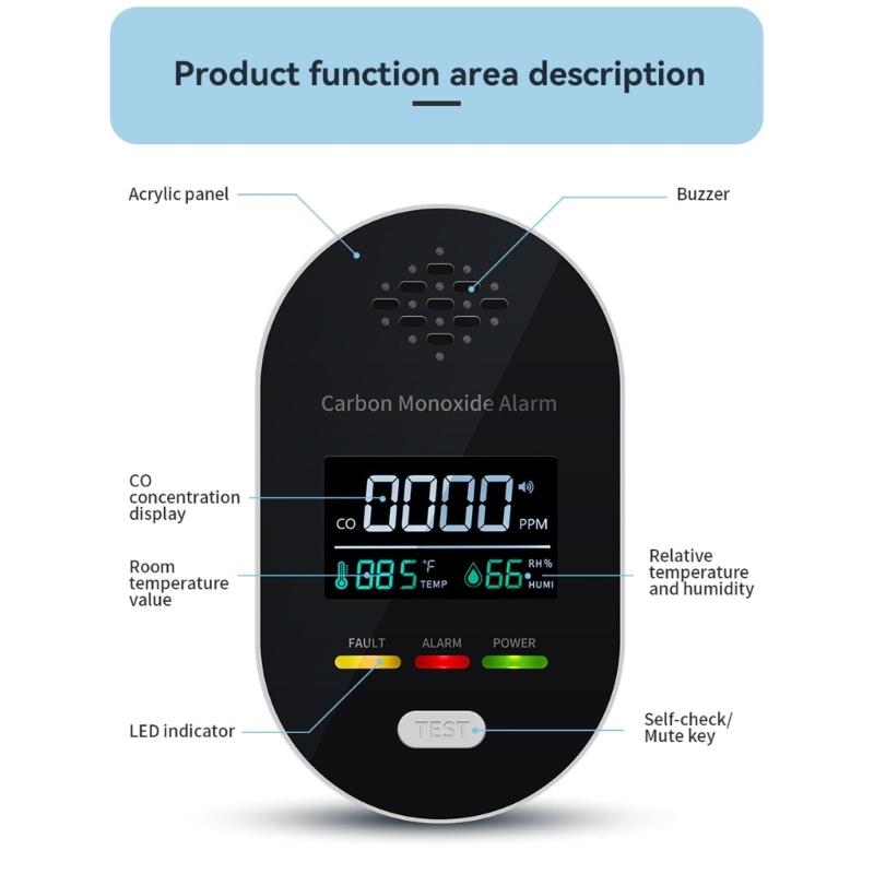 High Sensitivity Carbon Monoxide Alarm Integrated Temperature Moisture Sensors And 85dB Alerts System for Home Office