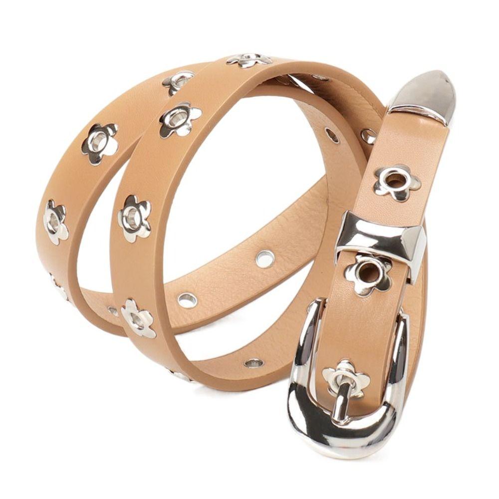 Punk Flower Rivet Belt Korean Style Thin Waist Strap Casual PU Leather Waistband  Girl