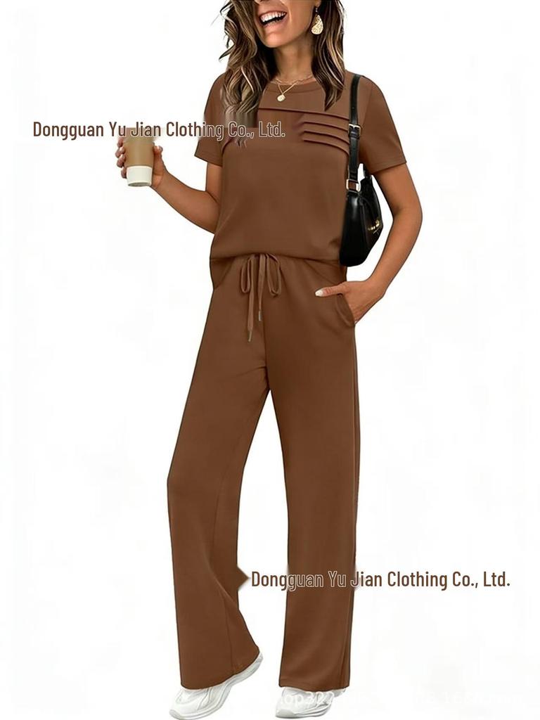 2026 Spring/Summer Women's Set: Short Sleeve Top & Elastic Waist Wide Leg Pants
