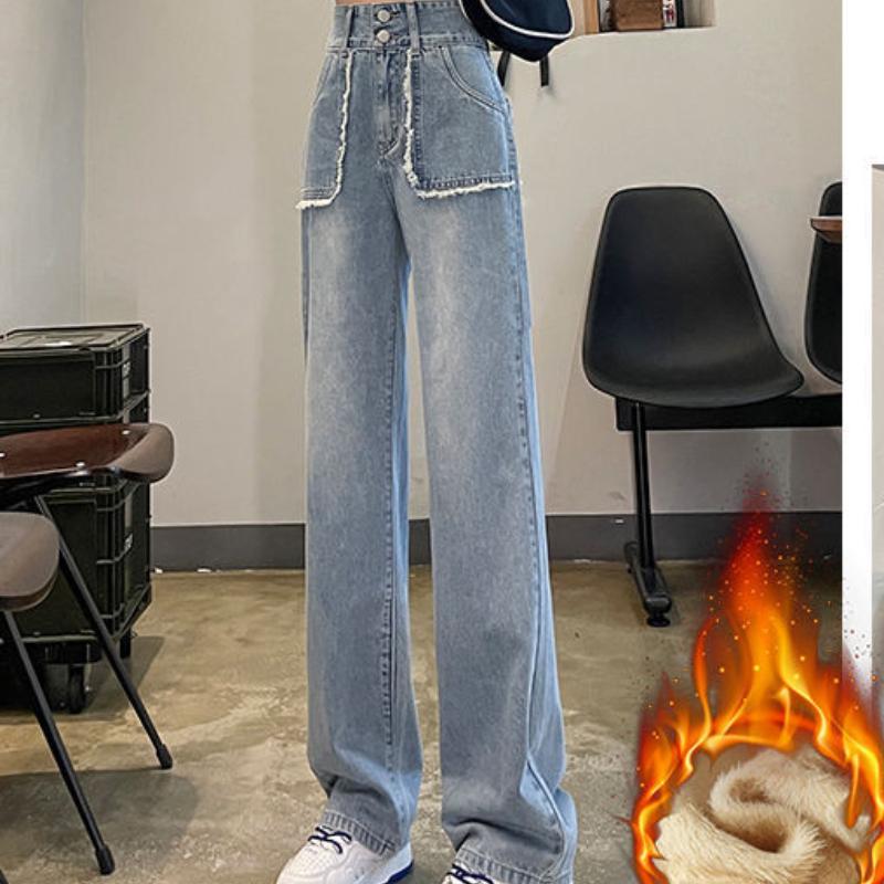 

Осенне-зимние шерстяные джинсы для женщин с широкими штанинами, в стиле ретро, с высокой посадкой, новые прямые, облегающие, маленькие брюки с бархатом XXL