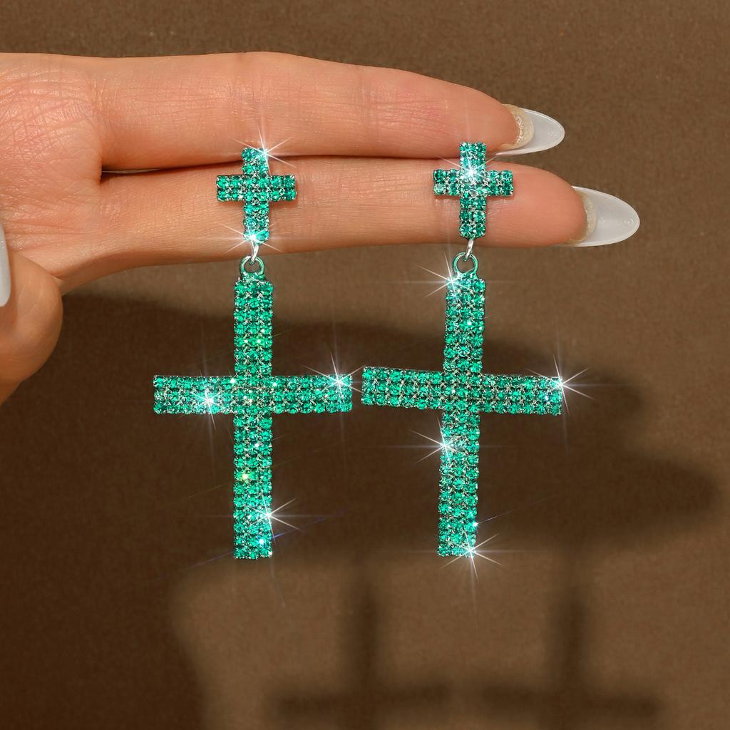 Cross Rhinestone Earrings Long Full Diamond High-End Fashion Earrings Women'S Earrings
