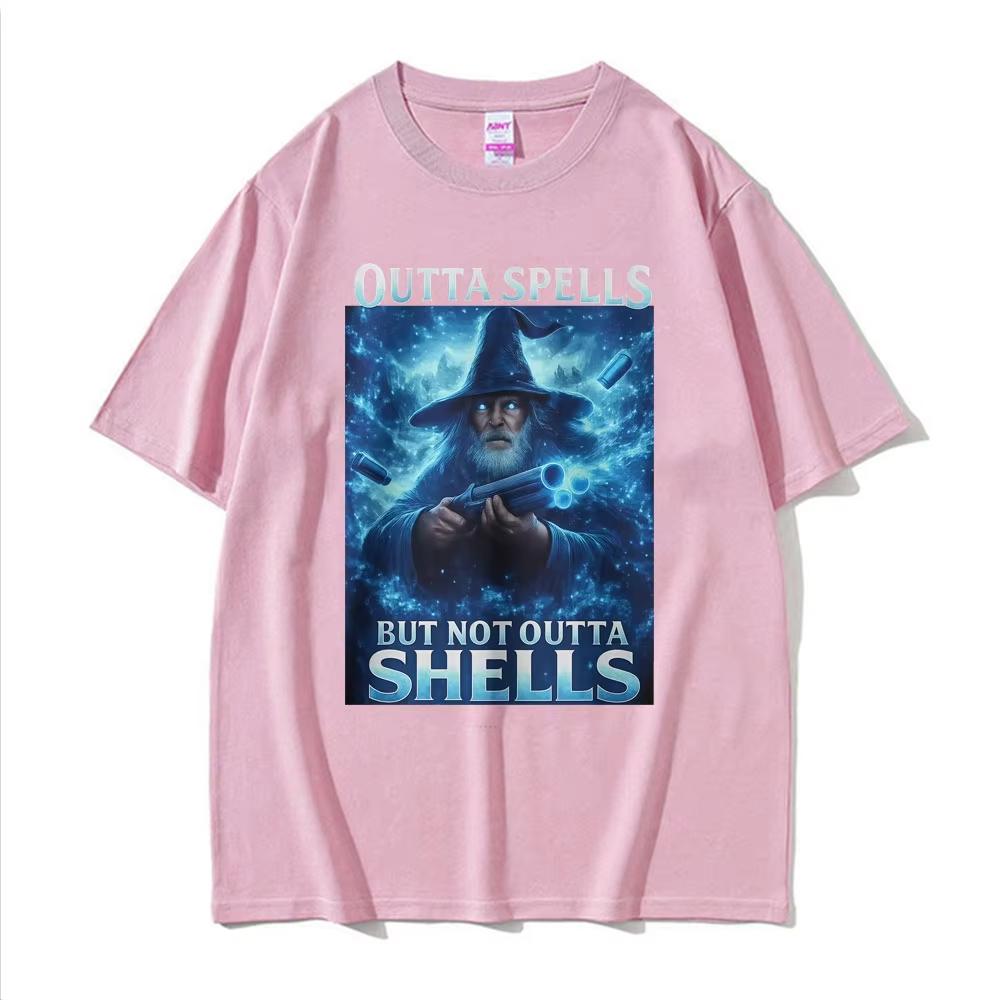 Outta Spells But Not Outta Shells Ironic Wizard Funny Fantasy Meme T Shirts Men Women Summer Tops pure Cotton Tshirt Streetwear