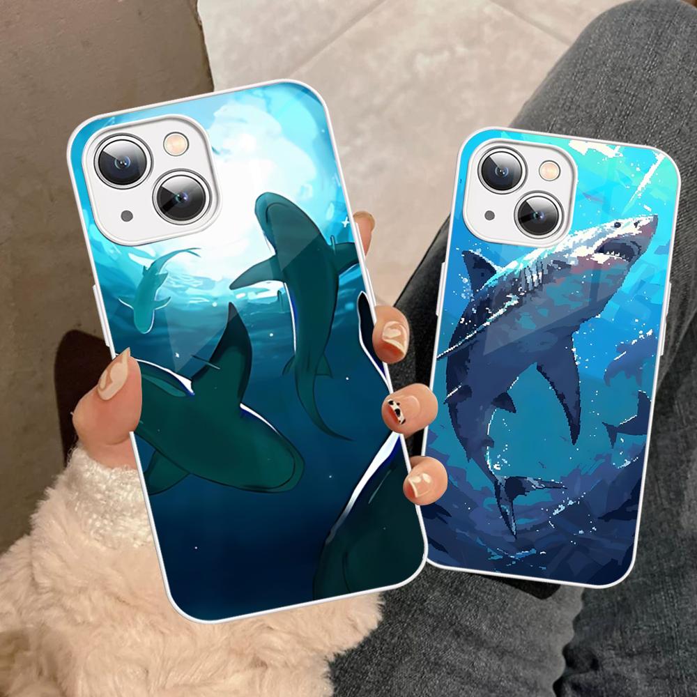 Fashion Trend Animal Sharks Phone Case Tempered Glass For Iphone 14 13 12 11 Pro Mini XS MAX 14Plus X XS XR Fundas