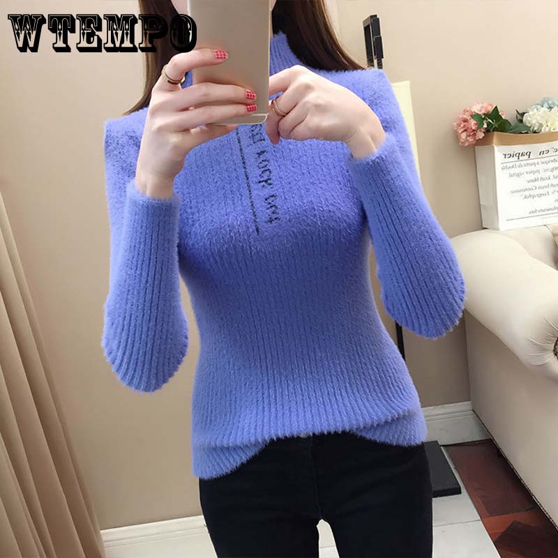 Slim Semi High Neck Sweater Imitation Mink Down Women's Autumn and Winter Thickened Versatile Knitting Sweater
