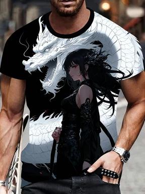 A 3D Printed T-shirt Featuring Anime Dragons and Women, Casual Round Neck and Short Sleeves for Men, Suitable for All Seasons, Regular Fit
