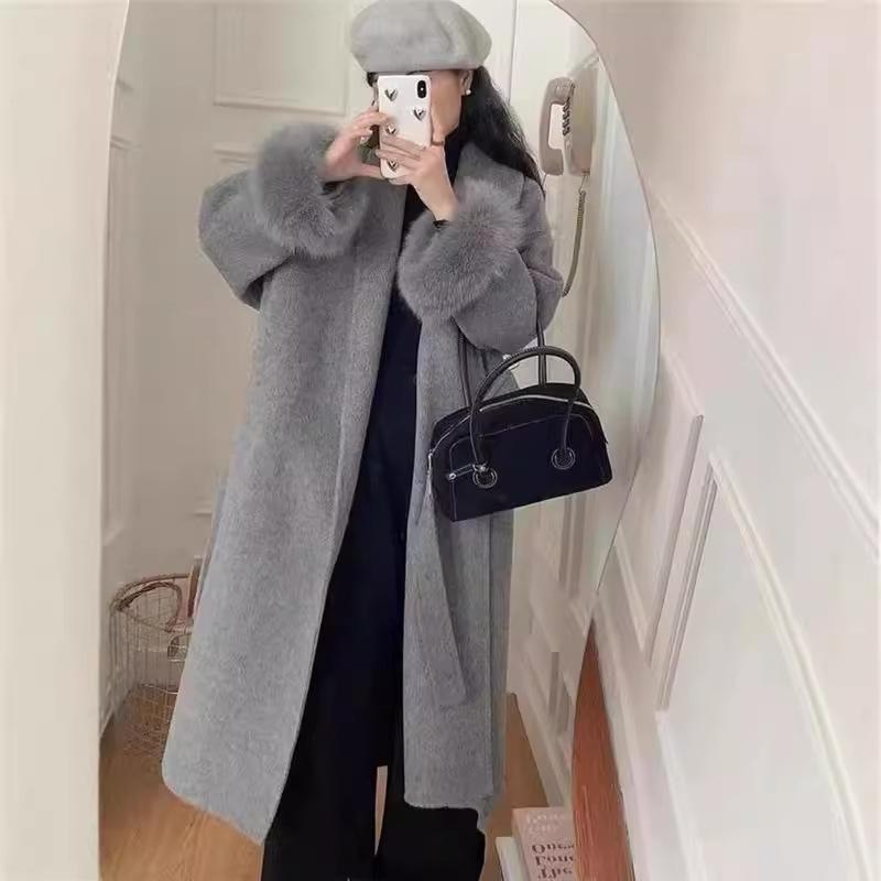 Double-sided Cashmere Coat for Women, New Korean Version, Autumn and Winter Fox Fur Long Bathrobe, High-end Woolen Coat