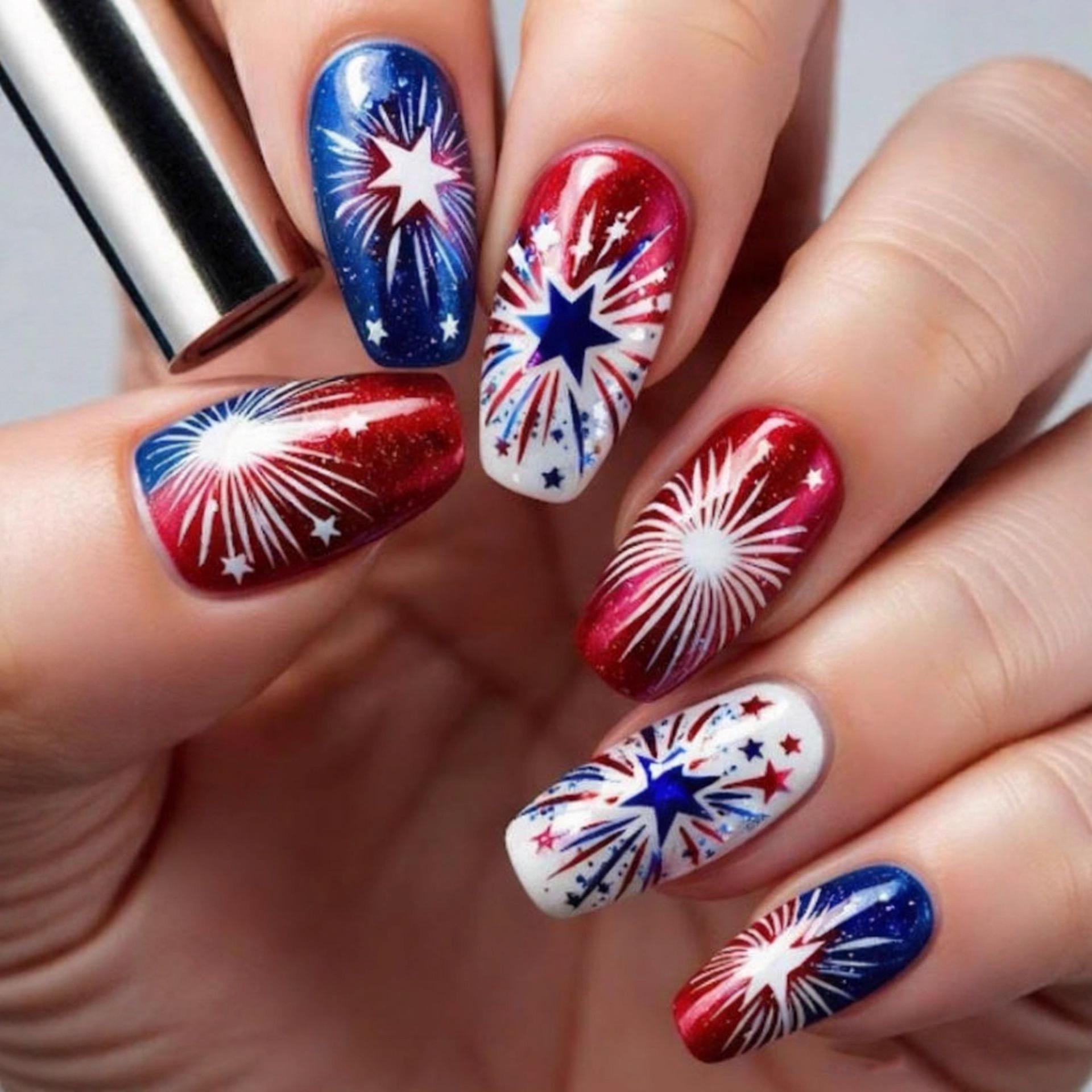 Red, White Blue Star Fireworks False Nails – 24 Pieces for Independence Day