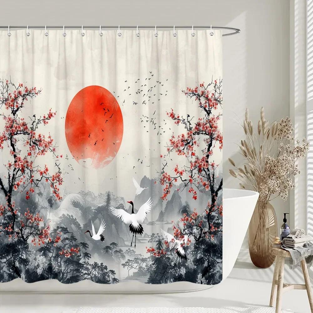 Chinese style Shower Curtain Koi Fish Cherry Blossom Sun Sea Wave Octopus Landscape Polyester Fabric Curtains Bathroom Decor