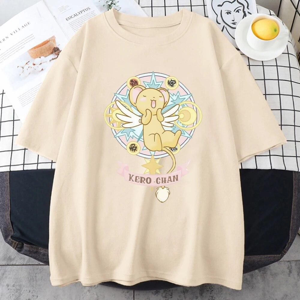 

Футболки Card Captor Sakura с рисунком японского аниме Keroberos, весенне-летняя футболка из 100% хлопка Kawaii Girl Harajuku с круглым вырезом, эстетичная футболка унисекс
