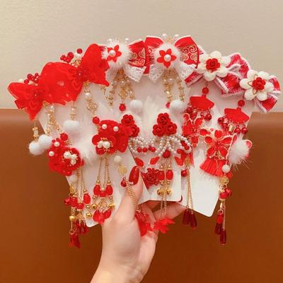 Flower Chinese New Year Headwear Bow Hanfu Hairpin Simple Children Red Hairpin  Girls