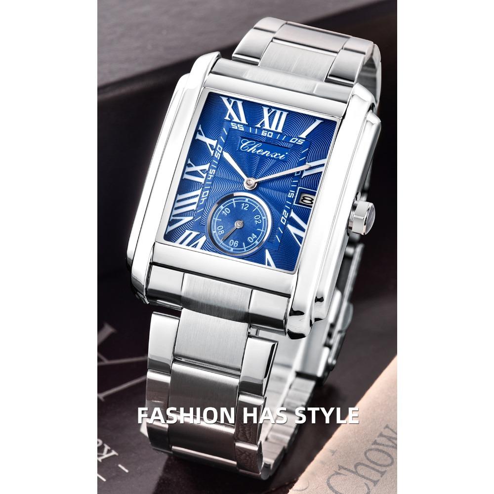 CHENXI 8216 Men's Quartz Watches Fashion Business Simple Silvery Stainless Steel Strap Square Wristwatches for Male Gift
