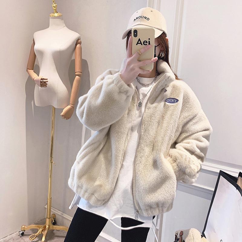 Plush Coat Women Autumn Winter Season Warm Loose Short Top Stand Collar Faux Fur Zipper Thick Solid Jacket