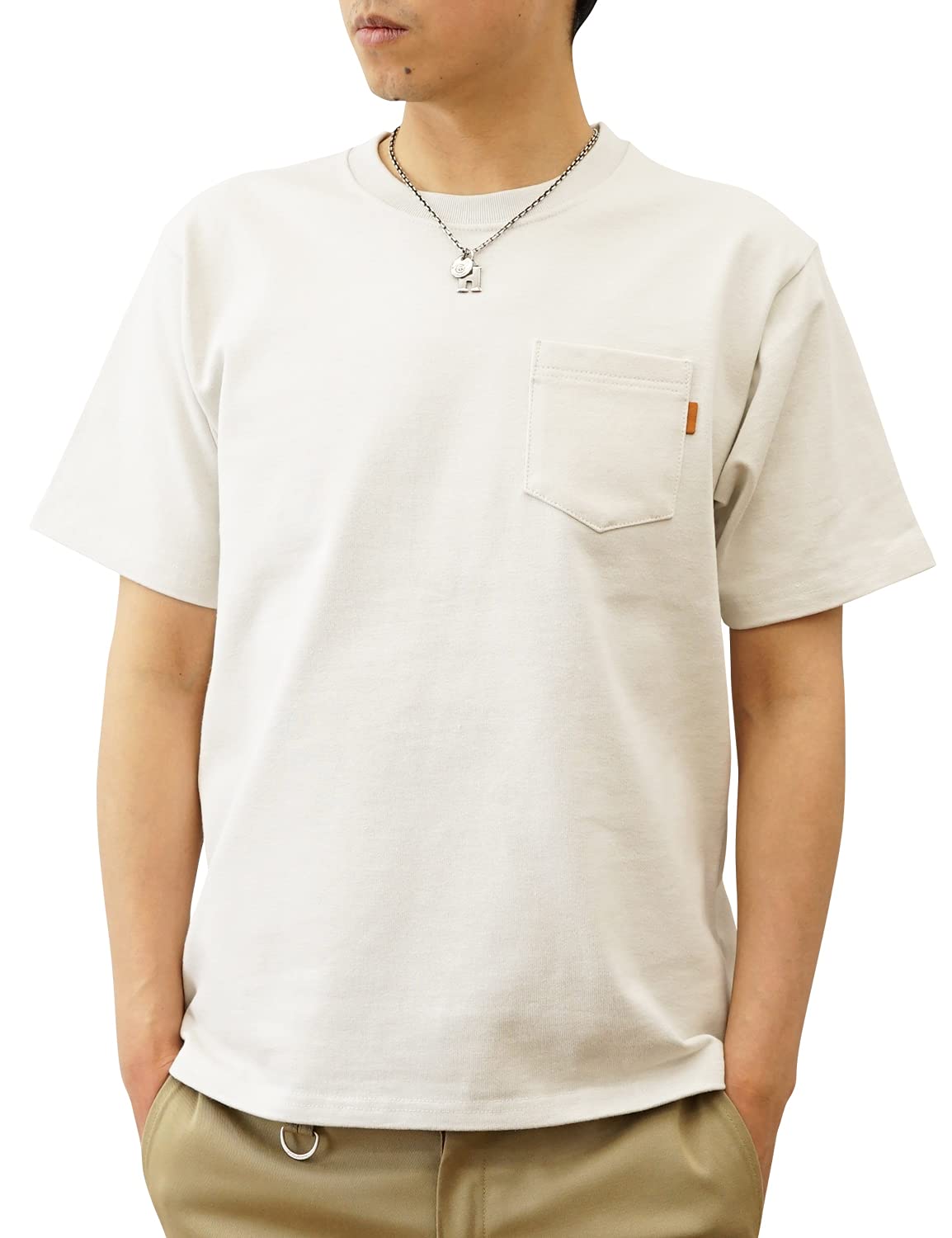 

Премиальная карманная футболка с оригинальной кожаной вкладкой, коротким рукавом, карманом и большим размером XL, бежевая [Jeans Bug] PRPK-L1