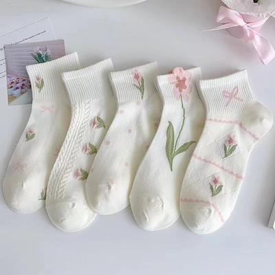 Lolita Socken für Damen Frühling und Sommer, Knöchelsocken Tulpenweiß, Süße Studenten Baumwollsocken