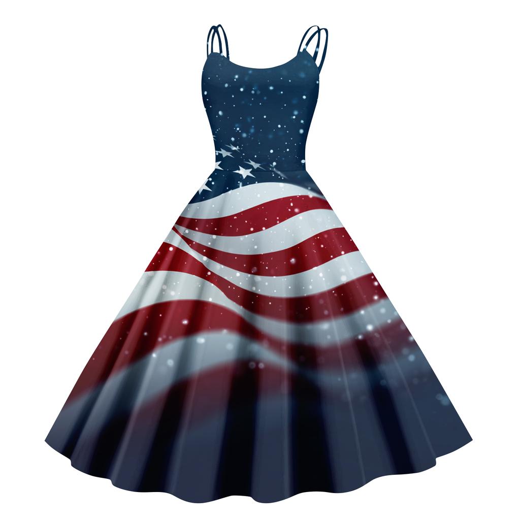 Women’s Sleeveless Off Shoulder Punk Retro Dress with Star Print Vintage Style Flared Hem for Holiday Party Wear