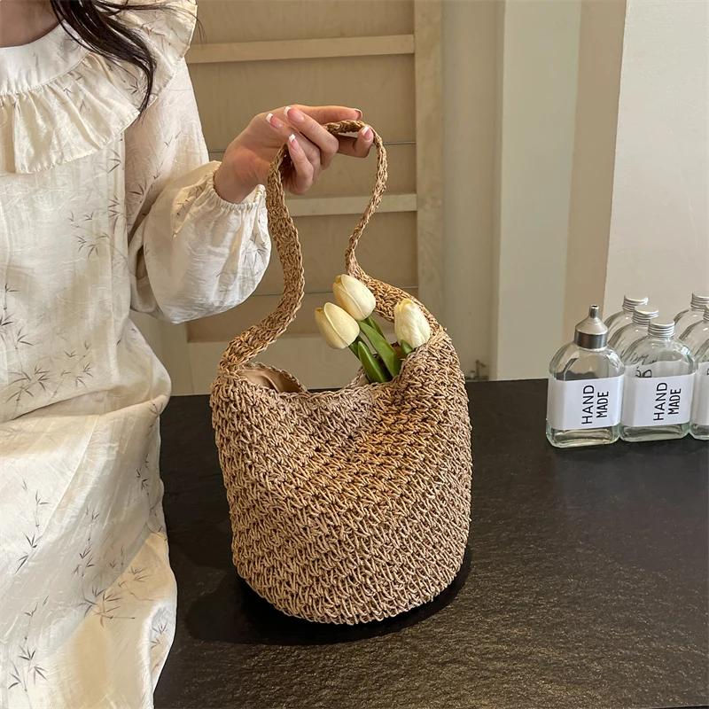 Женская соломенная сумка-тоут Модная пляжная сумка Большая вместительная сумка через плечо Повседневная плетёная дорожная сумка Женская летняя плетеная сумка-тоут светло-коричневого