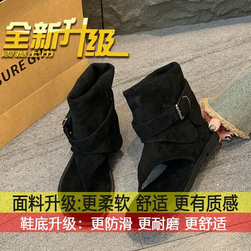 

French toe cool boots women s outer wear 2025 summer new Roman cool boots sleeve pants short boots flat bottom stacking boots 40