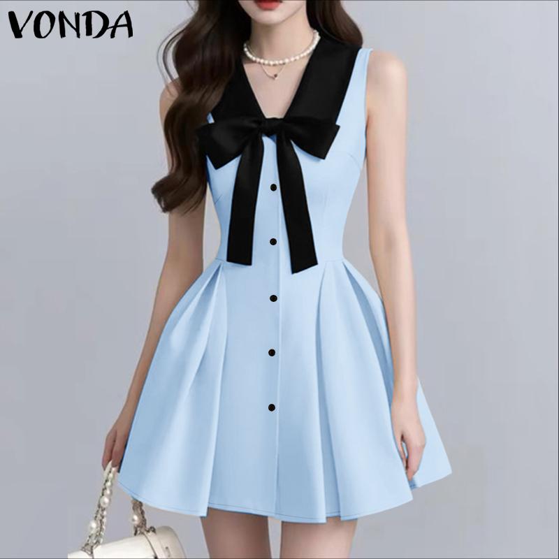 VONDA Women Sleeveless Bow Knot Slim Waist Stitching Pleated Dress
