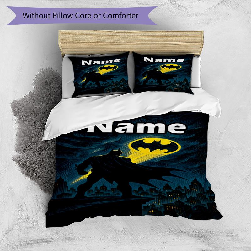 3pcs Duvet Cover Set (1*Duvet Cover + 2*Pillowcase, Without Core), Custom Name Batman Pattern Bedding Set, Home Bedroom Decor Gift