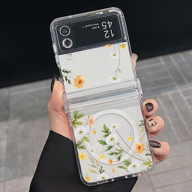 

Для Magsafe Magnetic 3PCS Case для Samsung Z Flip6 Flip5 Flip4 Line Flower Pattern противоударный прозрачный ПК жесткий тонкий чехол для телефона чехол Samsung Z Flip4