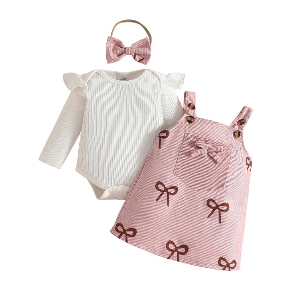 2025 Europe Autumn/Winter Cute Toddler Skirt Set: Flutter Sleeve Romper & Long Sleeve Printed Overalls