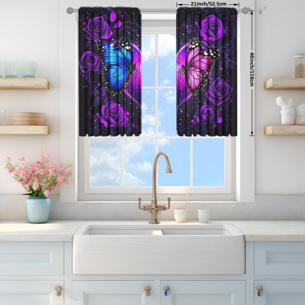 2pcs Purple Butterfly Rose Decorative Curtains   Suitable for Family and Friends   Romantic Ornate Themed Curtains