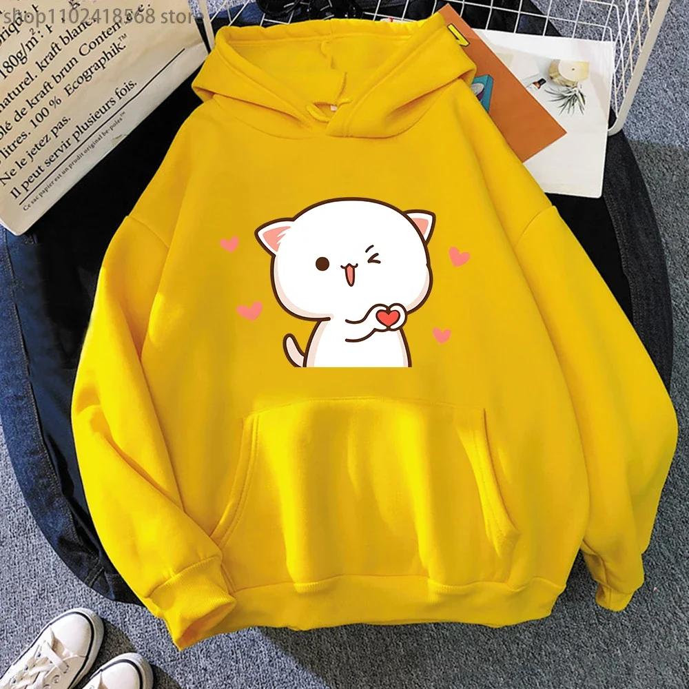 Women Hoodies Kawaii Peach Cat Cartoon Print Sweatshirt Mochi Heart Love Winter Cartoon Sudadera Clothing
