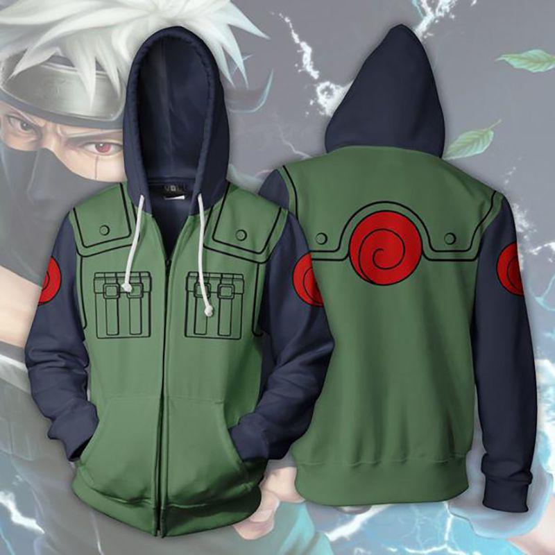 Hatake Naruto Kakashi Printed Zipper Fleece Hoodie Jacket Coat Cosplay Costume