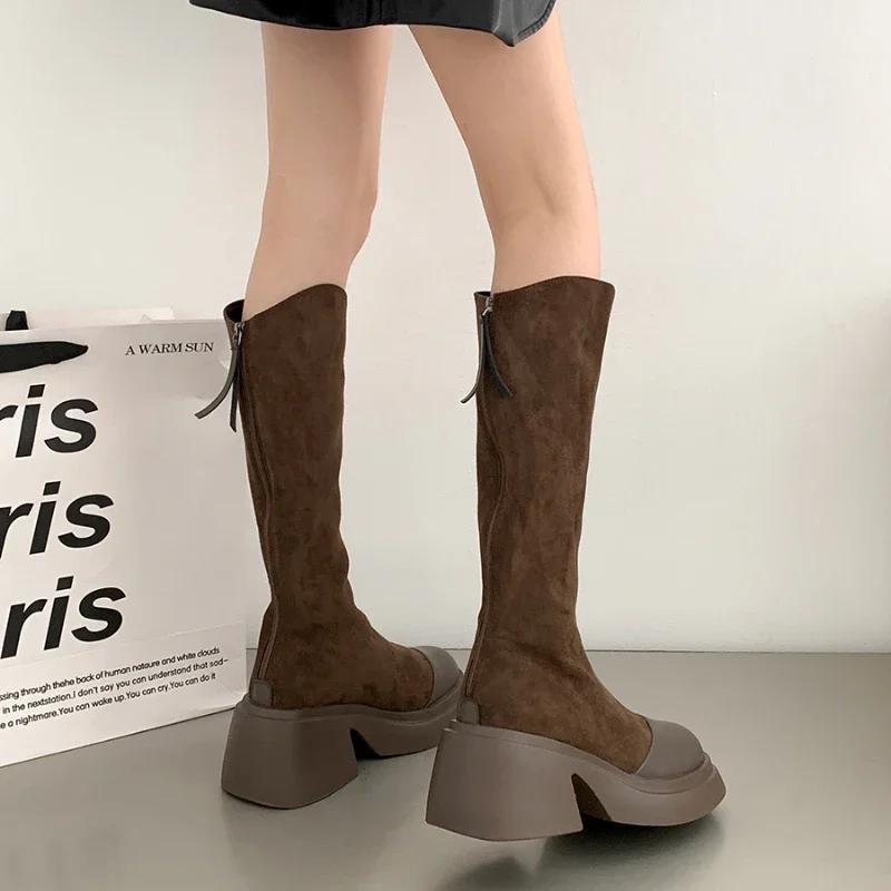 Stretch Women Knee High Boots Fashion Back Zippers Long Booties Autumn Winter Square Heel Ladies Shoes