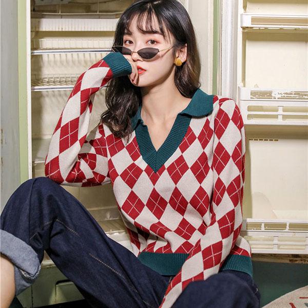 Vintage Rhombus Plaid Printed Maglione a V Con scollo corto da donna Slim  Knit Maglione All-match Pullover Jumper Top acquista in modo economico —  spedizione gratuita, recensioni reali con foto — Joom