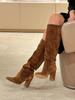 Retro Brown Suede Tall Tube Thick Heel Knight Boots Female European and American Spice Girls Big Tube Circumference Thin High Heel Boots