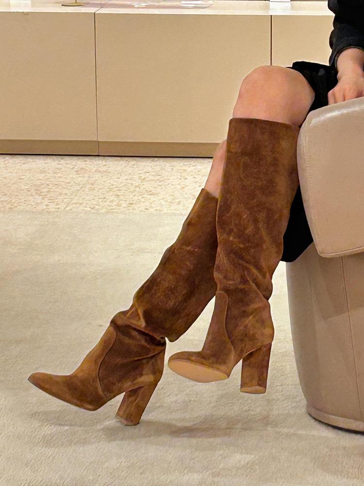 Retro Brown Suede Tall Tube Thick Heel Knight Boots Female European and American Spice Girls Big Tube Circumference Thin High Heel Boots