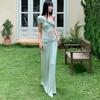 Pure Desire Wind Kink Pleated Slanted Shoulder Lace Splicing Summer Dress Women's Design Hip Wrap Long Dress Wholesale