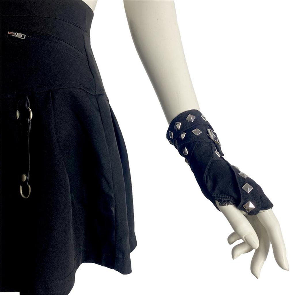1pair Women Punk Mittens Rivet Ribbons Streetwear Sleeves Half Finger Sleeve for Riding and Music Festivals