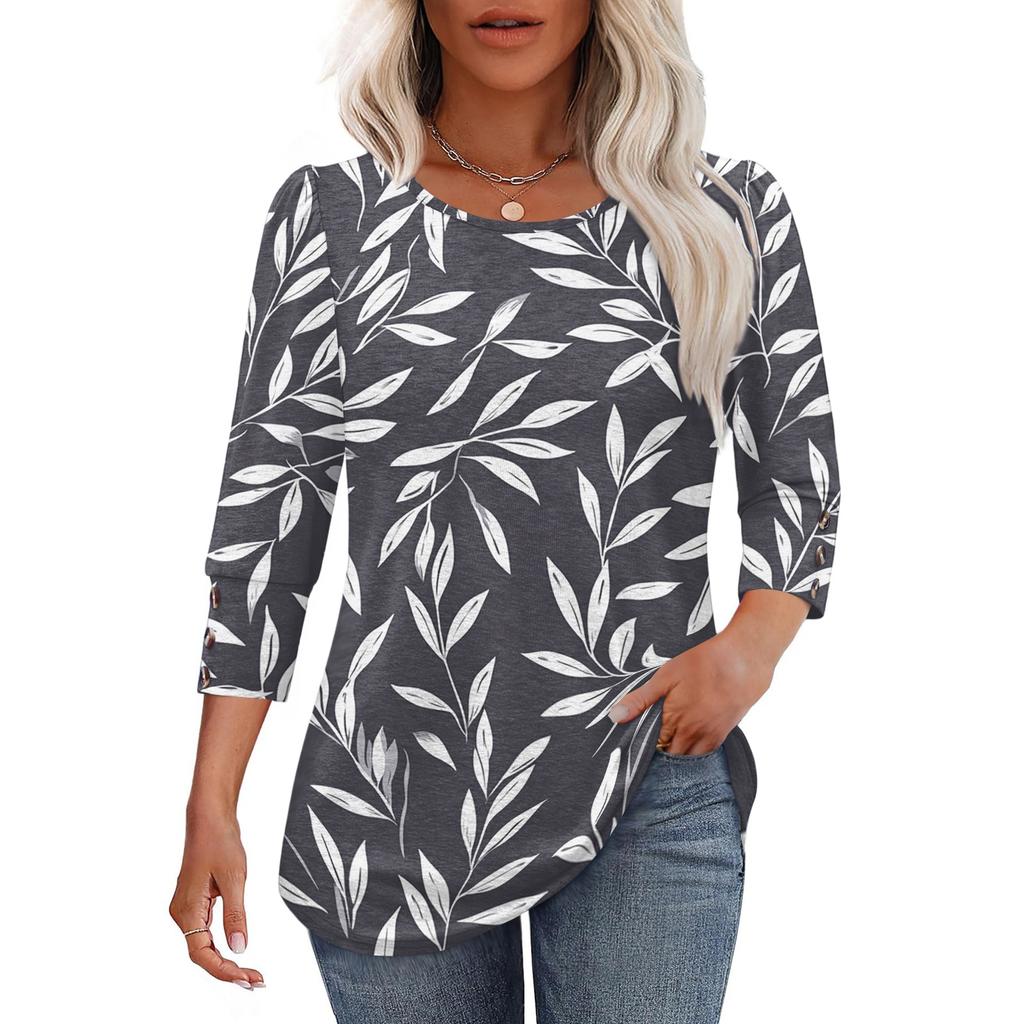 Women Casual Floral Print Loose Fit Round Neck Three Quarter Sleeve Blouse Lightweight Comfortable Top for Everyday Wear