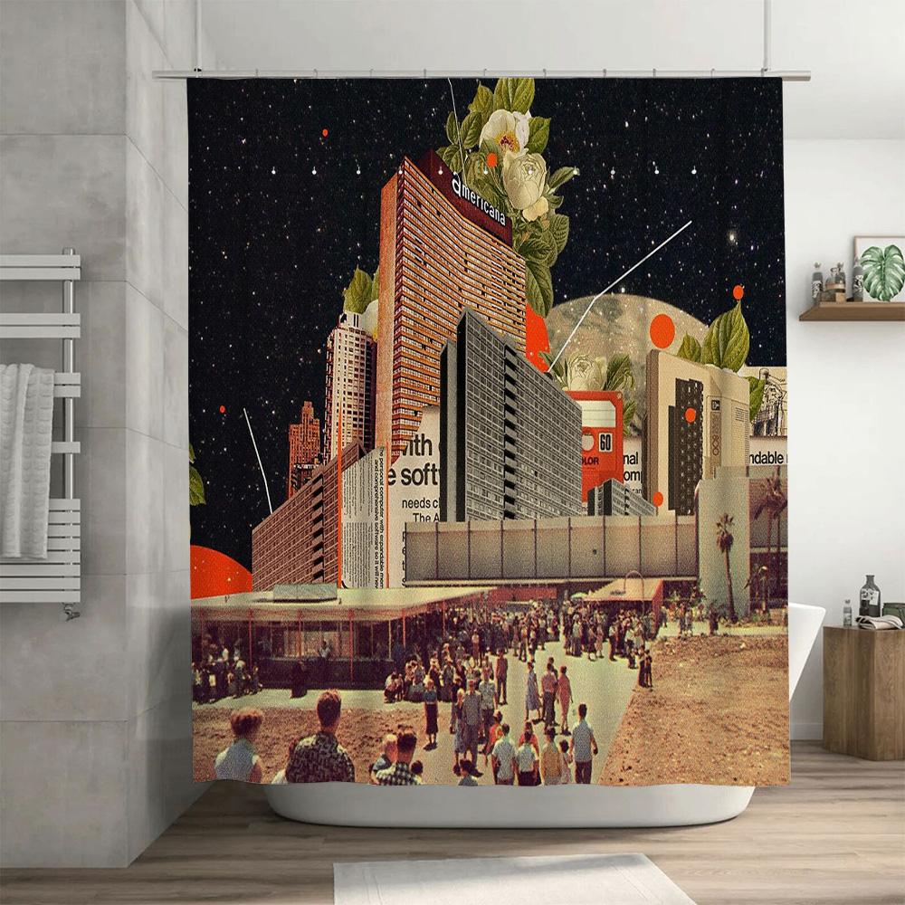 Vintage Hollywood Cityscape Shower Curtain Abstract Film Noir Theater Backdrop Washable Decor