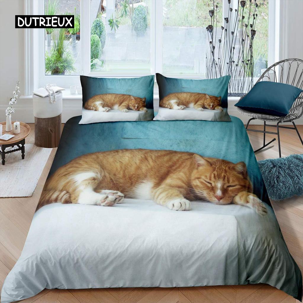 White Cat Flower King Queen Duvet Cover Kitten Bedding Set Pet Animal Polyester Quilt Cover Girls Pink Floral Comforter Cover