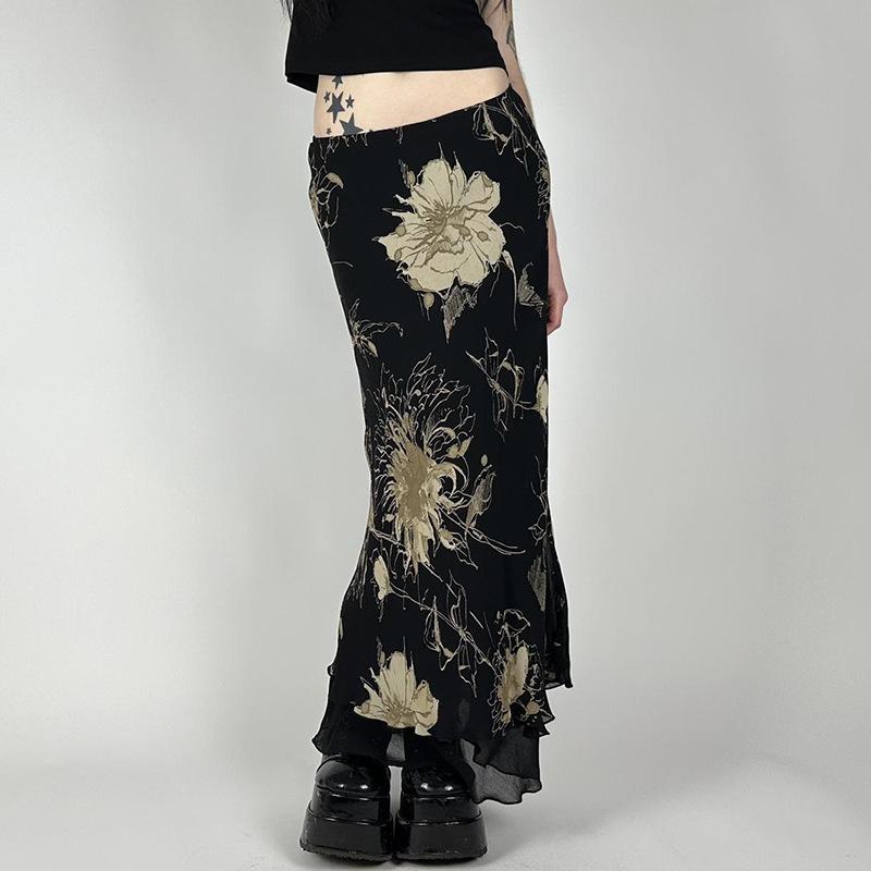 Goth Dark Y2K Aestheics Double Layer Mesh A Line Skirt Women Fashion Florals Print Slim Skirts Fairy Streetwear Gothic Bottoms