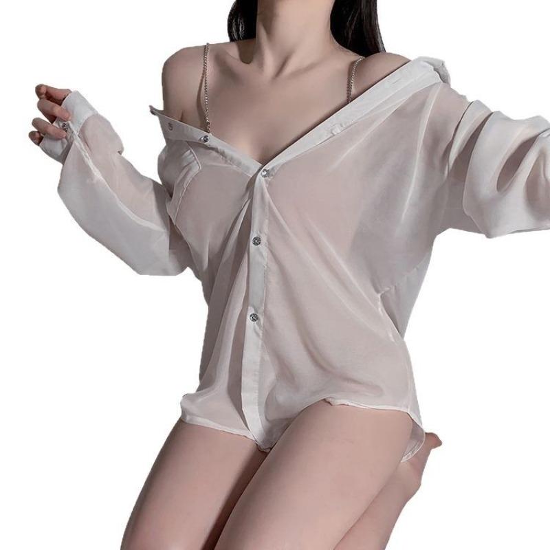Pajamas women's summer perspective sexy private room pure desire long-sleeved boyfriend wind shirt scheming hot temptation