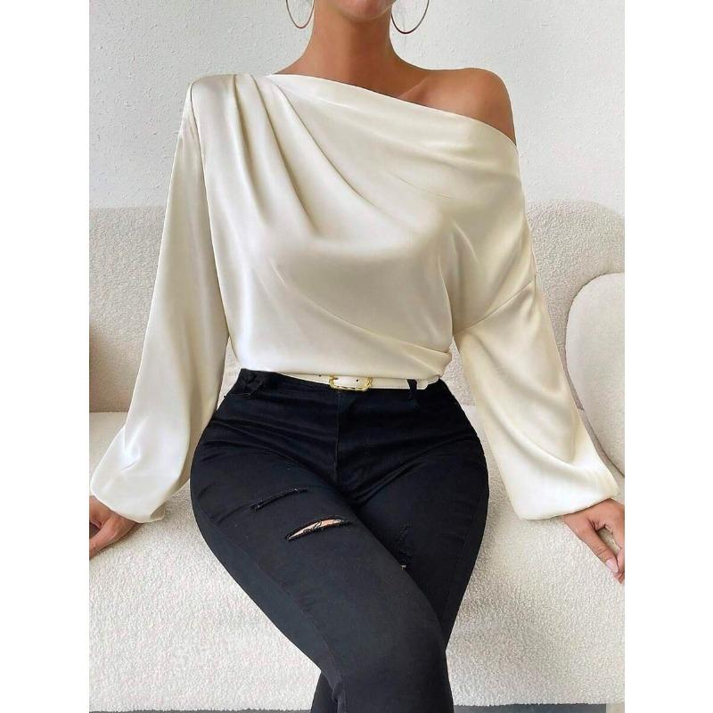 Women's Fashion New Solid Color Diagonal Shoulder Design Long Sleeve Top