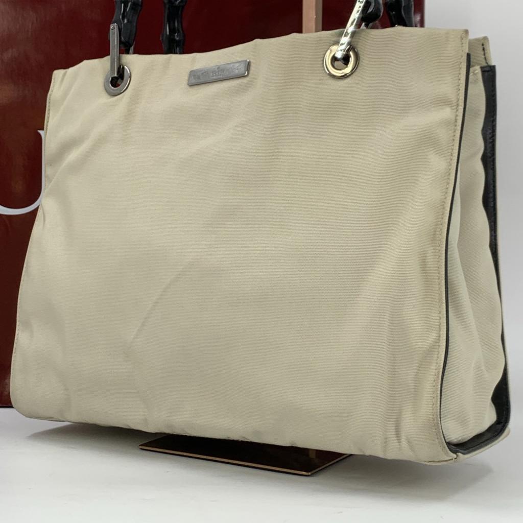 GUCCI Bamboo Handbag Tote Bag Nylon Canvas Leather Beige Ivory White Black 002 1010
