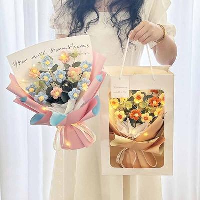 Handcrafted Crochet Flowers Bouquet Beautiful with Gift Bag Graduation Flower Bouquet Handmade LED Lamp String