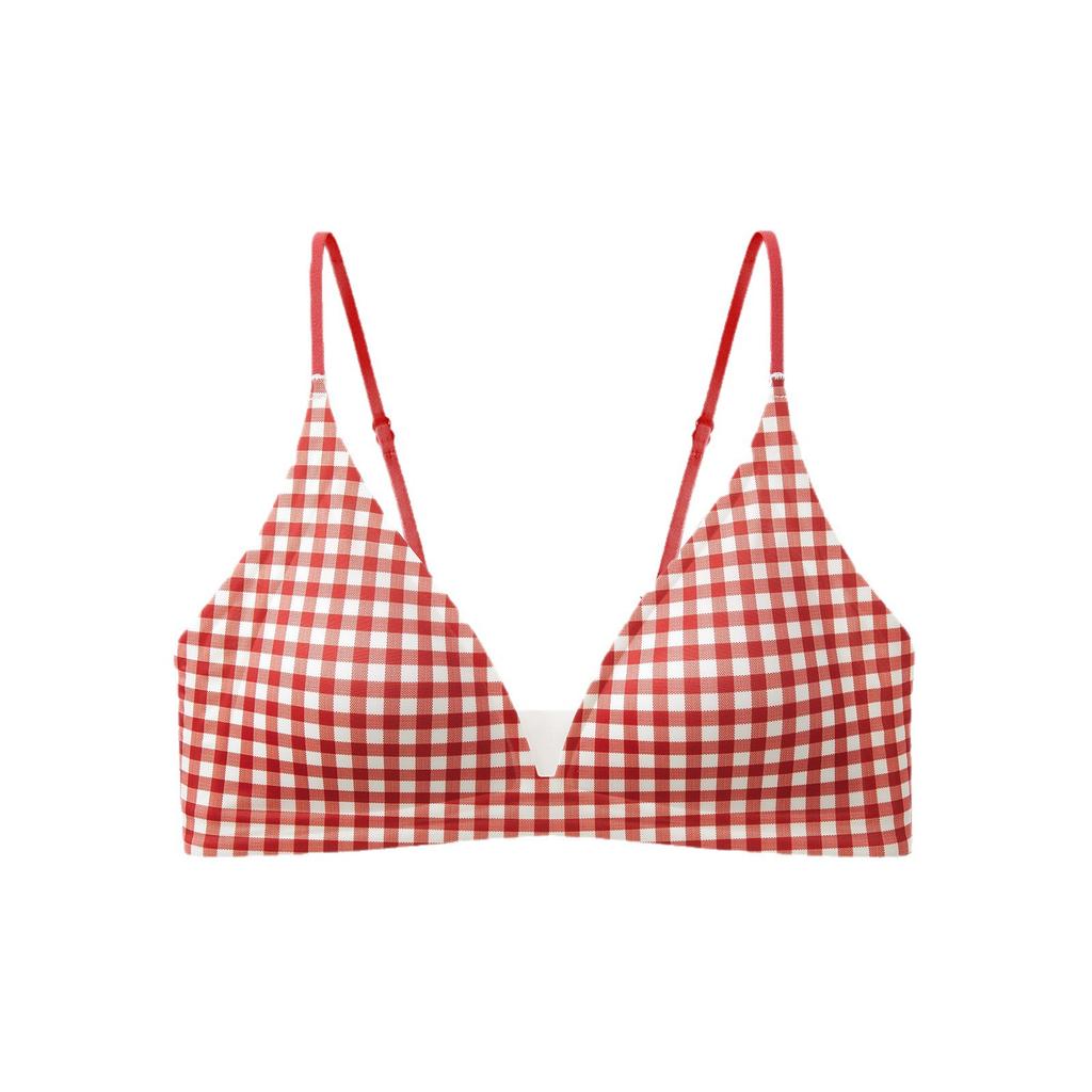 Vintage plaid women's French triangle cup underwear women's seamless big breasts show small breasts pure desire sexy top bra cover