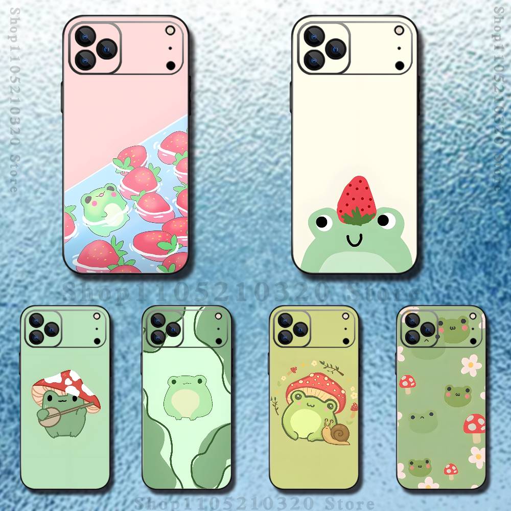 Frog Strawberry Cartoon Phone Case For iPhone 17,16,15,14,13,12,11,Pro Max,XSX,,XR,SE,Mini,8,7,Soft Silicone Black Cover