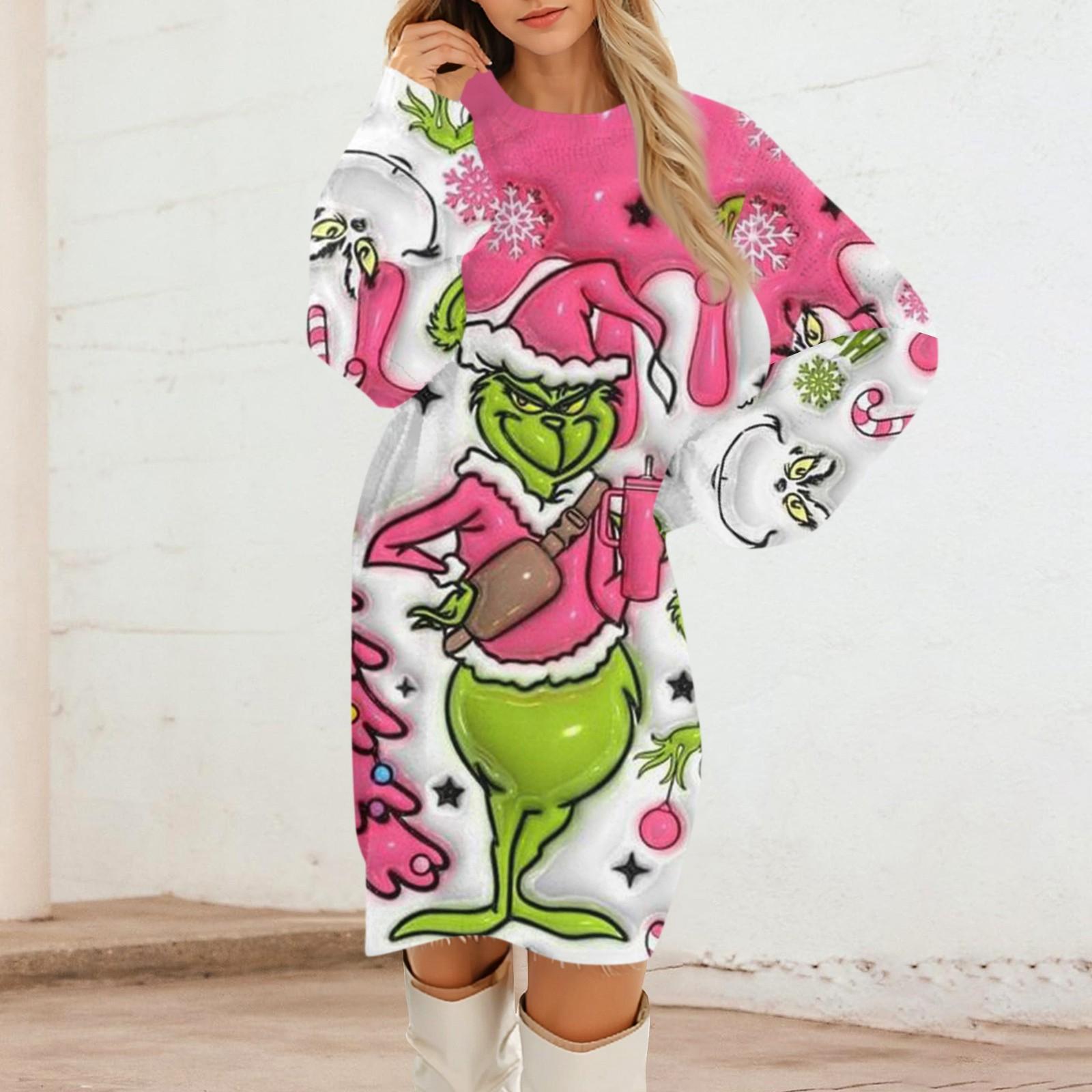 Women s Round Neck Casual Long Sleeve Plush Christmas Printed Dresses XL киноварь