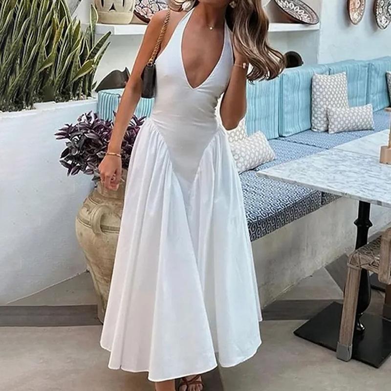 

Женское Весеннее Новое Сексуальное и Модное Платье Без Рукавов с V-образным Вырезом и Бретелью через Шею S белый