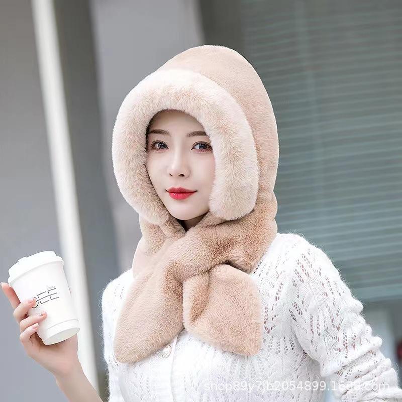 Women's Fleece Lined Thickened Hat Scarf Integrated for Autumn Winter Cold Protection Ear Protection Cycling Hat Plush Warm Neck Warmer