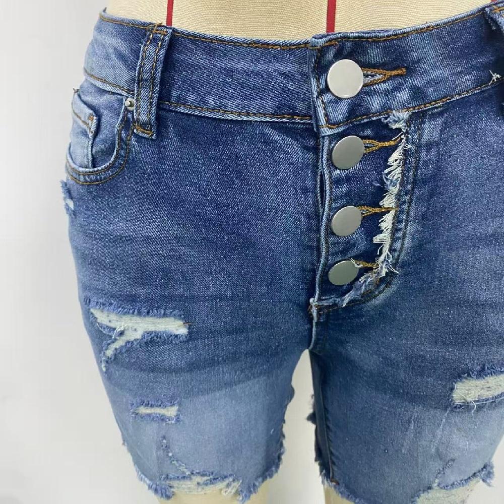 Women Summer Denim Shorts Ripped Hole High Waist Button Stretch Jean Short Pants