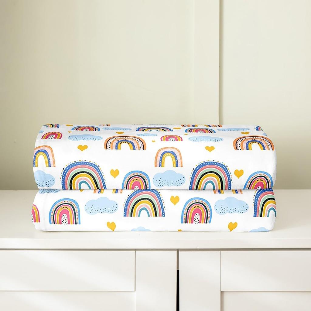 Pretty Rainbow Fleece Throw Blanket Cute Cloud and Love Hearts Flannel Blanket Plush Fuzzy Colorful Stripes for Bed Cou