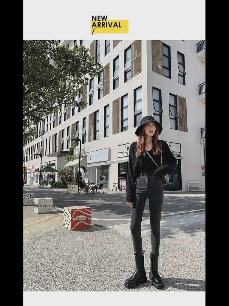 Women's Black High-Waist Slim Fit Elastic Pencil Jeans - 2022 Spring Collection